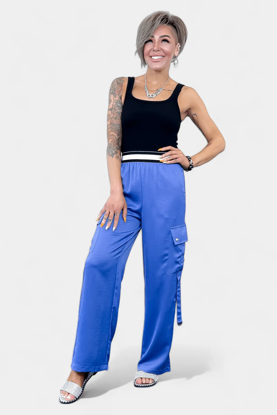 Blue Wide Leg Cargo Pants