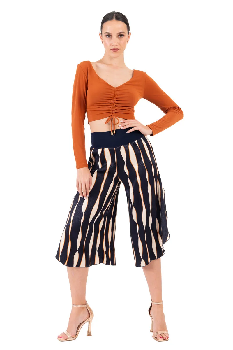 Bronze Orange Long Sleeve Crop Top With Center Gatherings