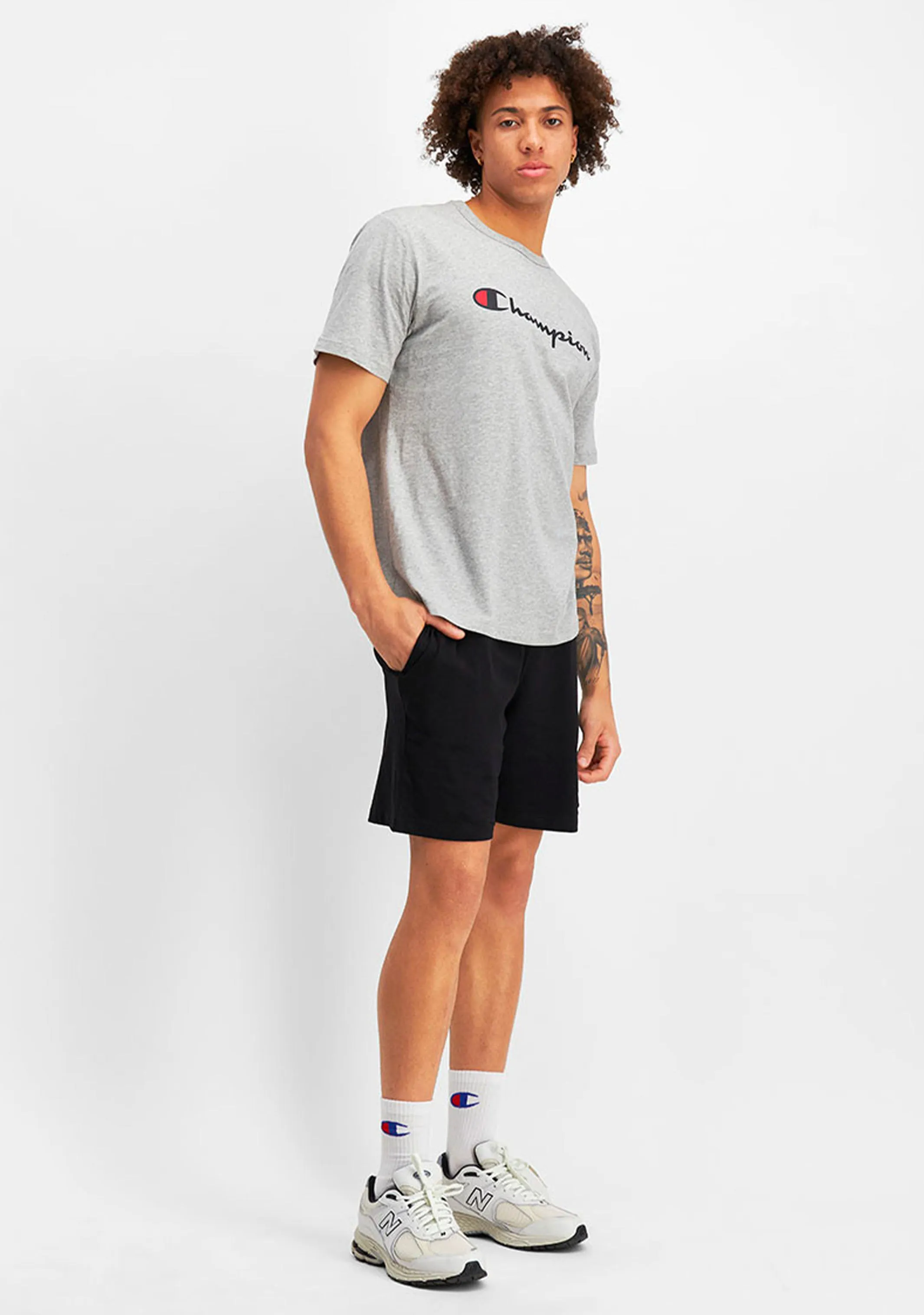 Champion Mens Script Logo Short Sleeve Tee Grey  <br> AXQPN A3R