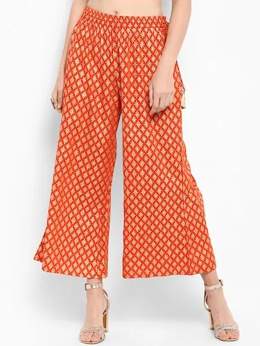 Charming Bright Orange Palazzo With Golden Myka Pattern Print