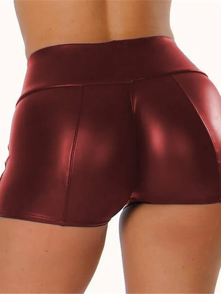 Chic Mid Waist Faux Leather Women's Hot Pants