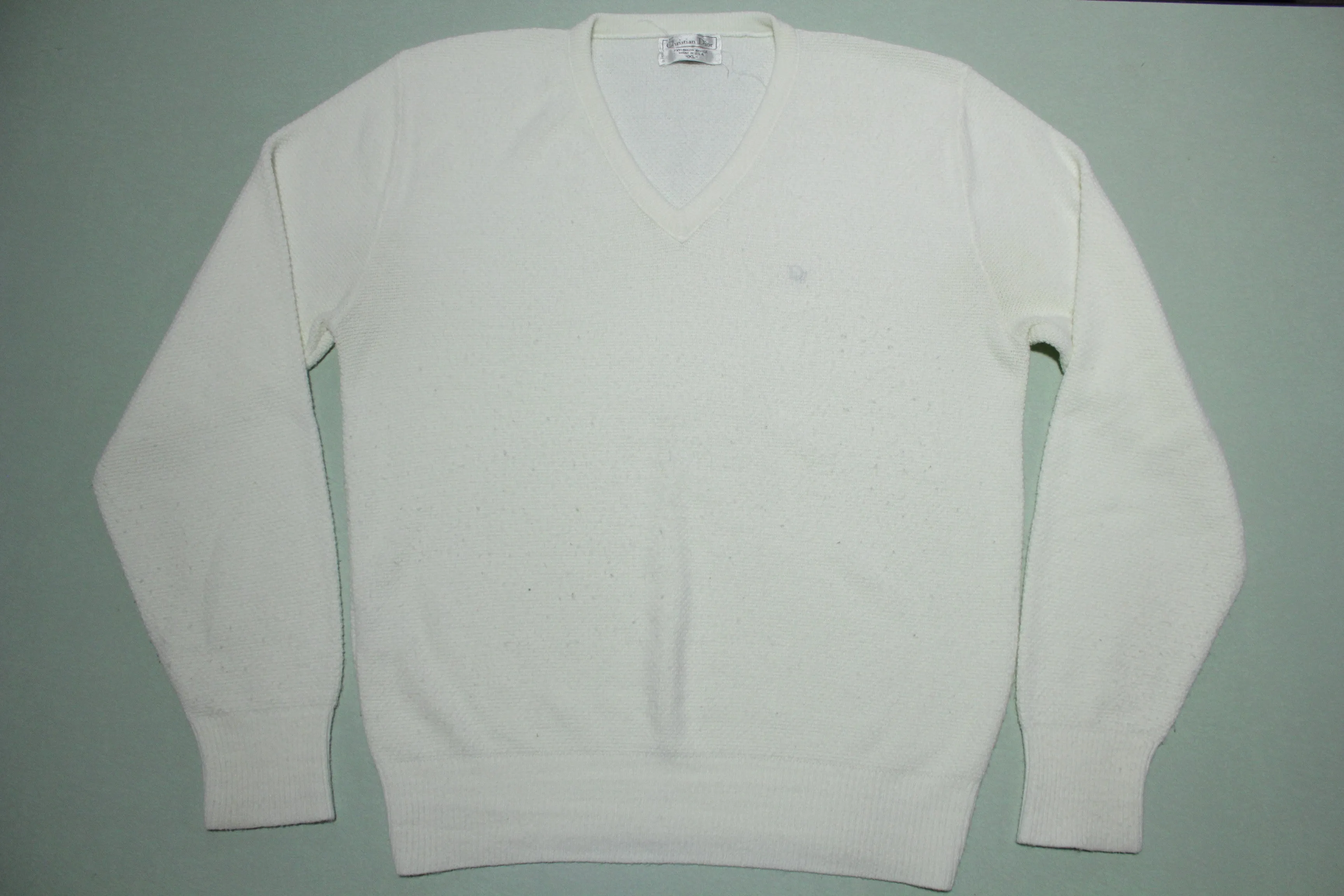 Christian Dior Vintage 80's 90's V-Neck Cream White Knit Made in USA Sweater