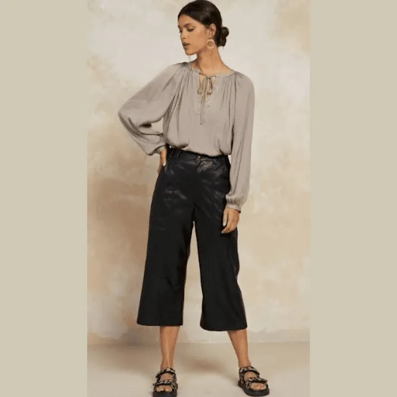 Current Air Vegan Leather Quilted Wide Leg  Cropped Pants in Black