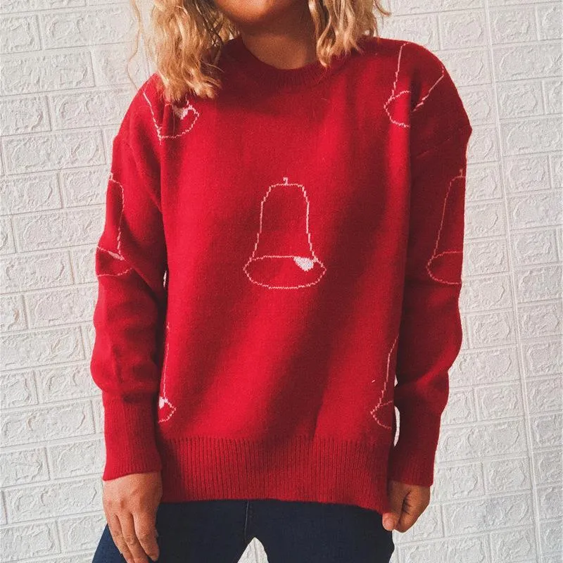 Fawn bell round neck long sleeve red christmas sweater