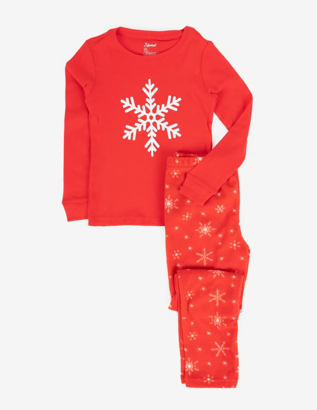 Kids Cotton Top & Fleece Pants White Snowflake Pajamas