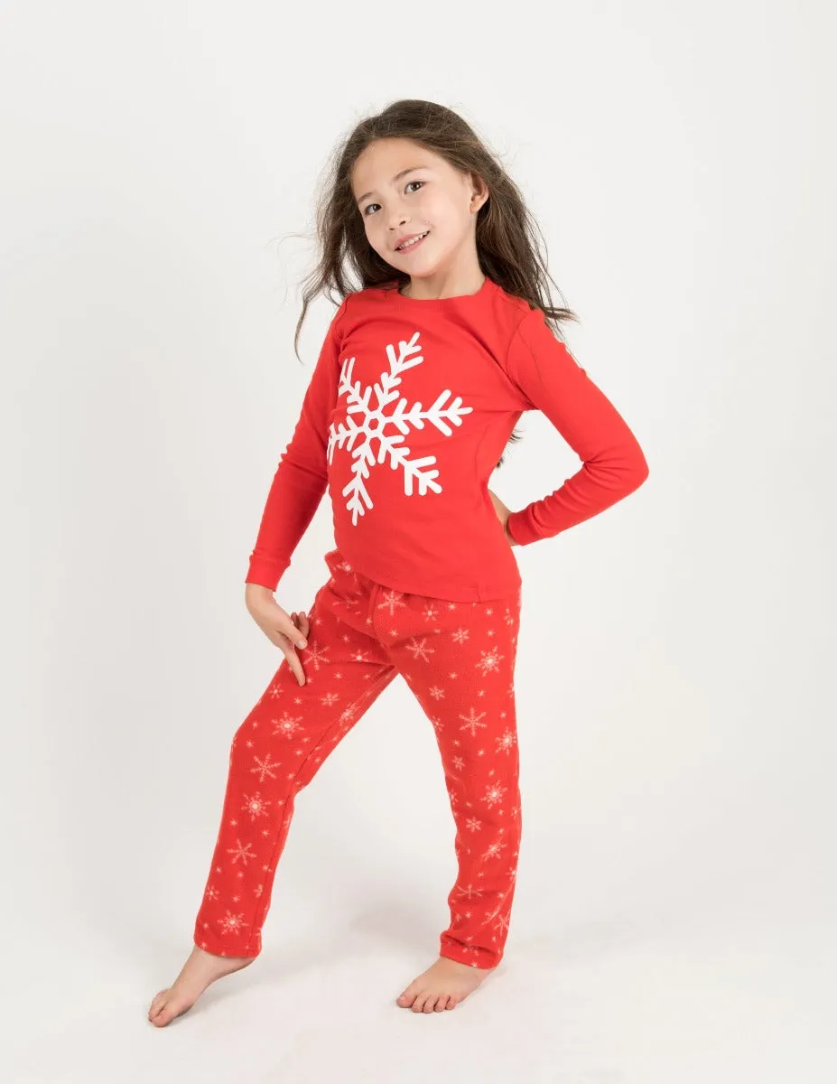 Kids Cotton Top & Fleece Pants White Snowflake Pajamas