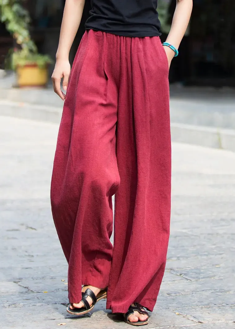 New Wine Red Pockets Elastic Waist Linen Pants Summer CG1055