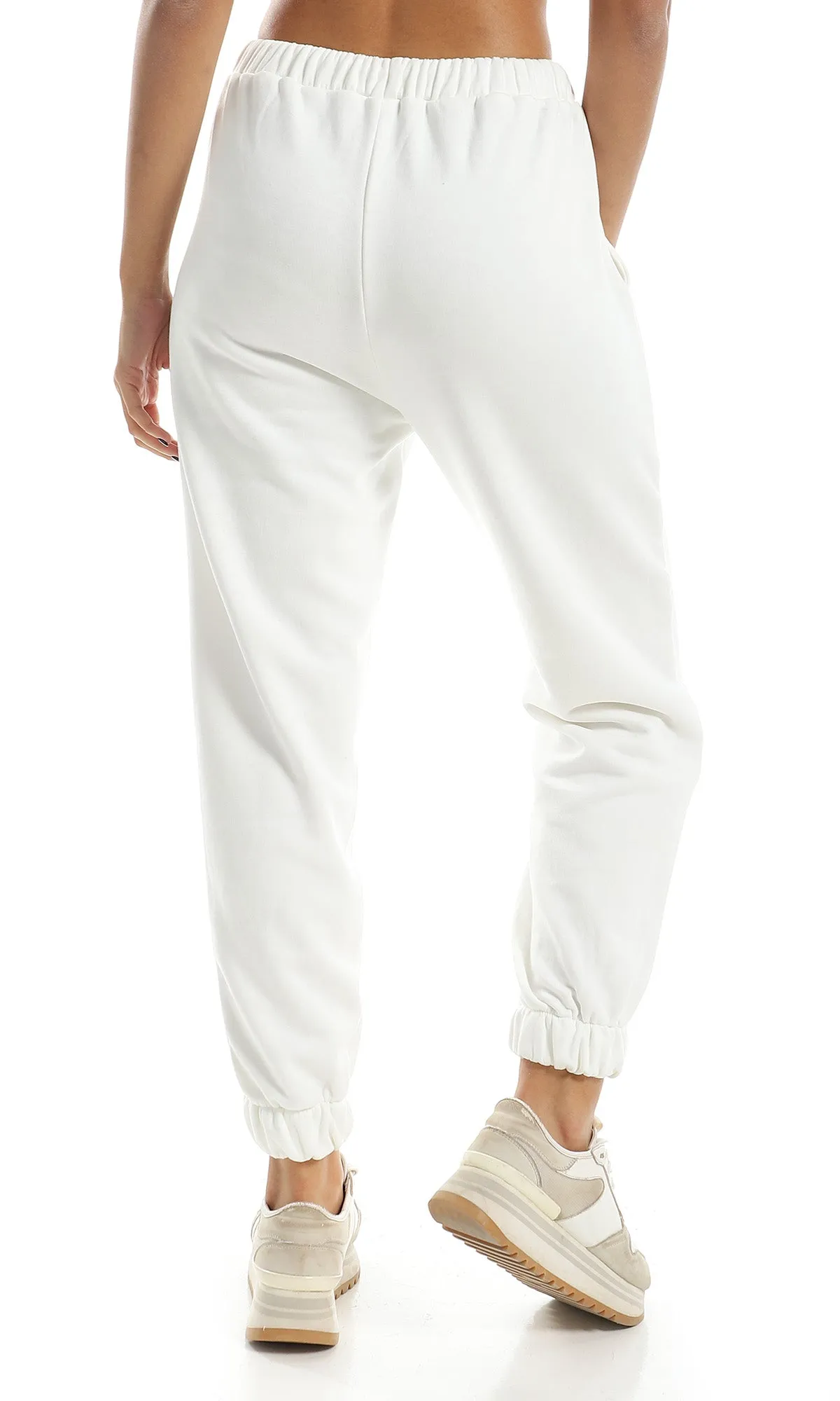 O158142 Elastic Waist With Drawstring White Comfy Jogger