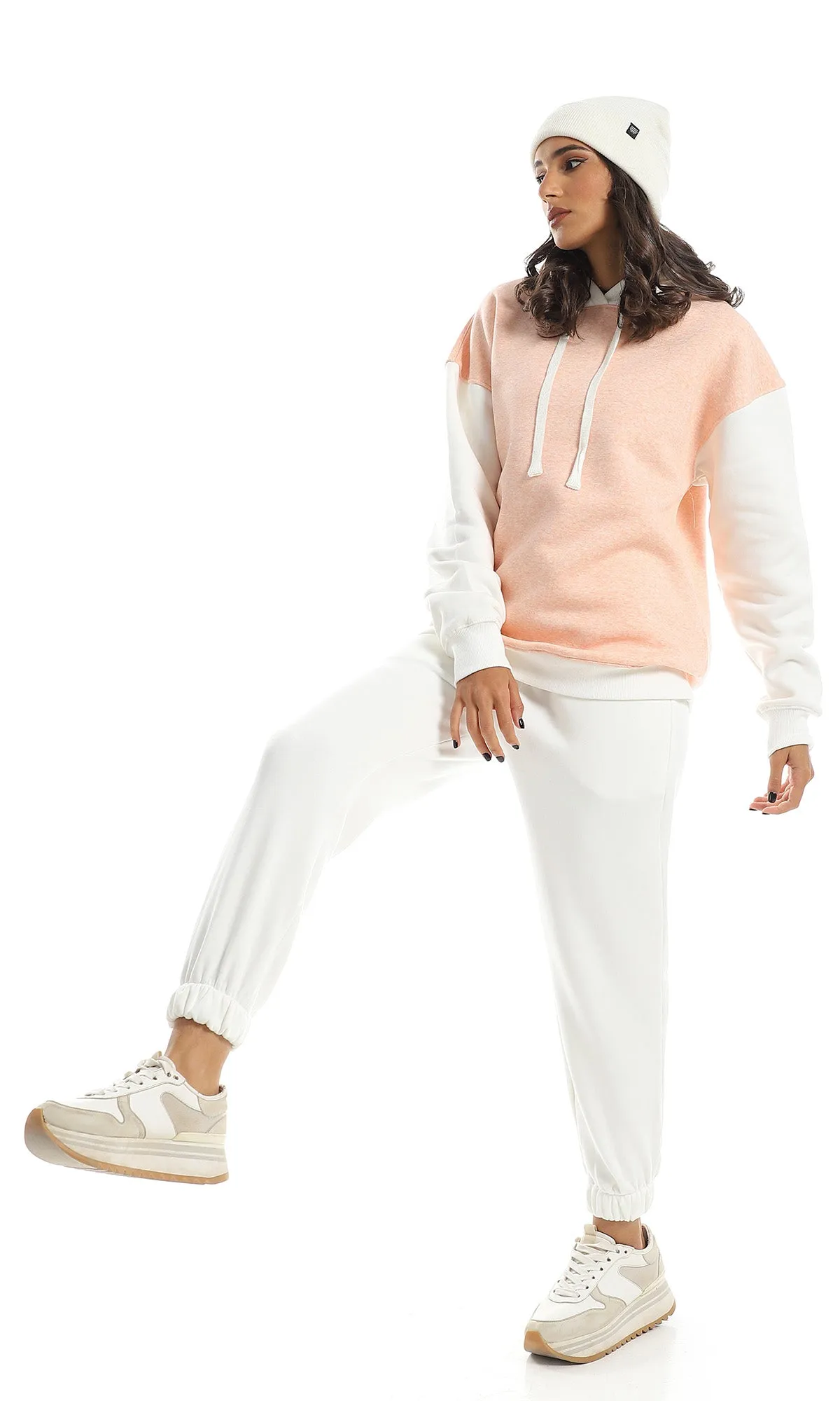 O158142 Elastic Waist With Drawstring White Comfy Jogger