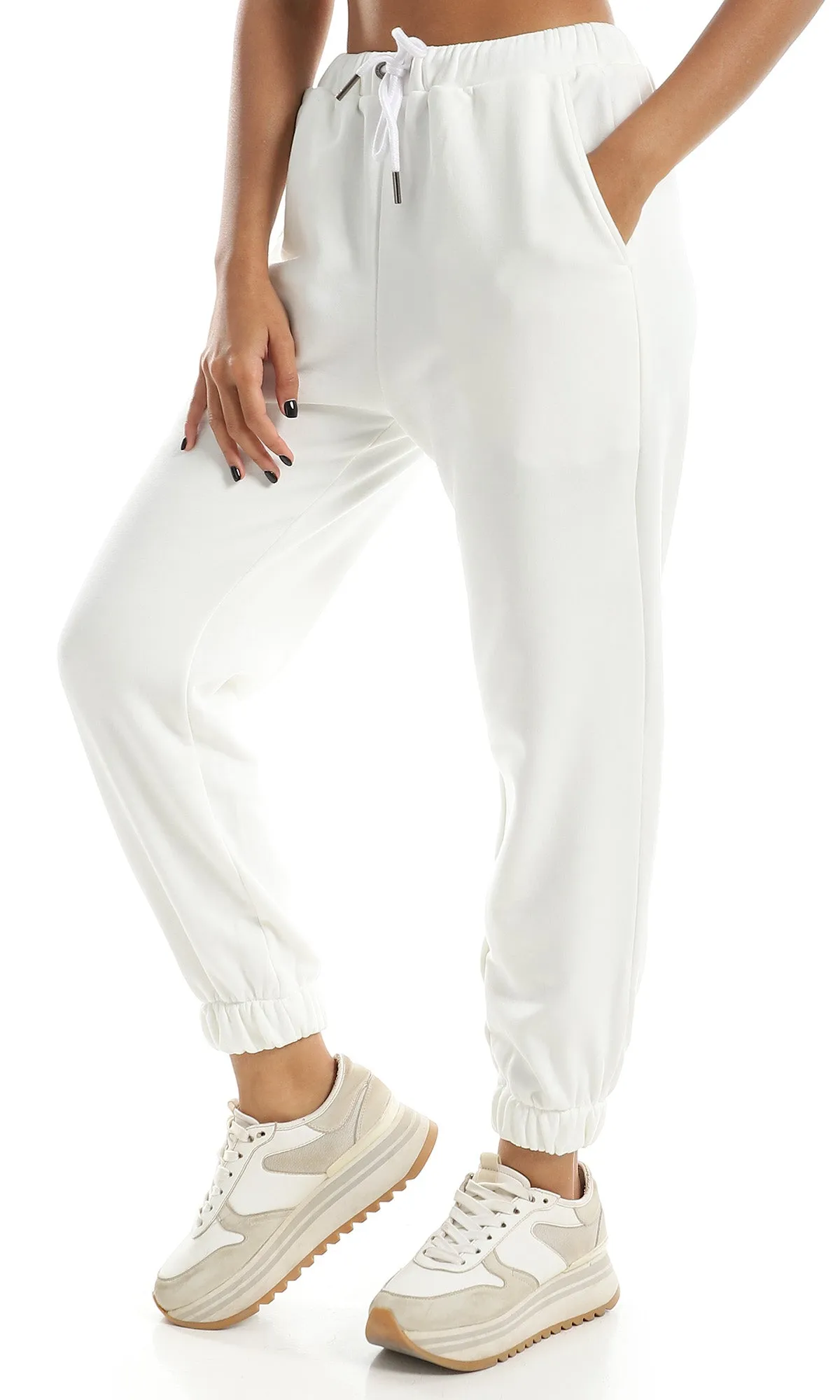 O158142 Elastic Waist With Drawstring White Comfy Jogger