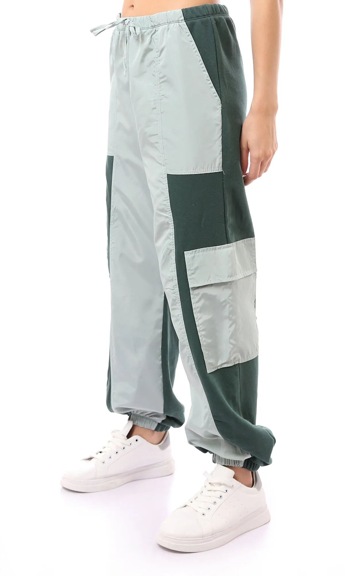 O172867 Trendy Wide Leg Bi-Tone Cargo Pants - Green Shades