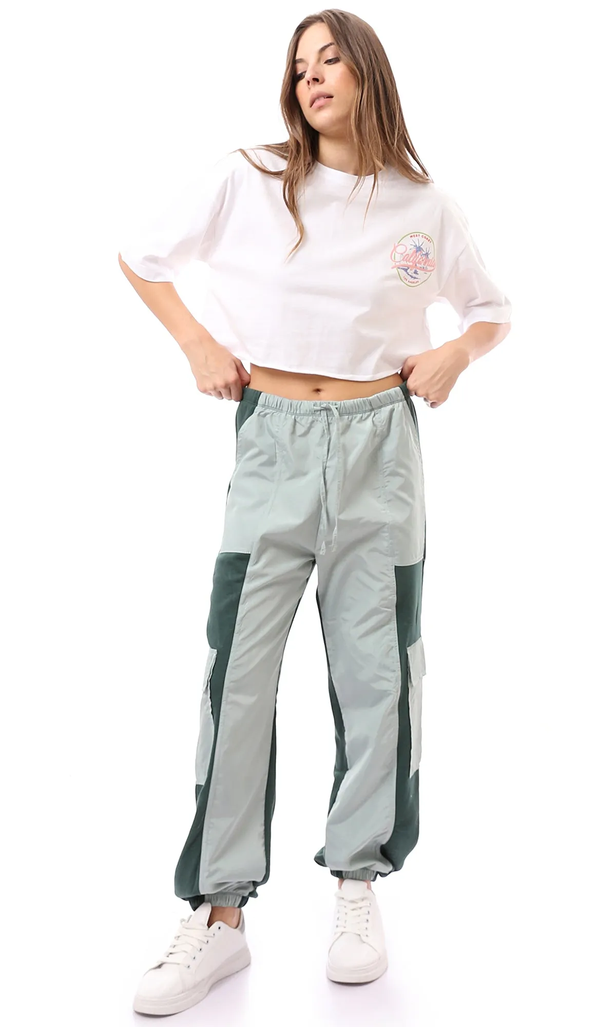 O172867 Trendy Wide Leg Bi-Tone Cargo Pants - Green Shades