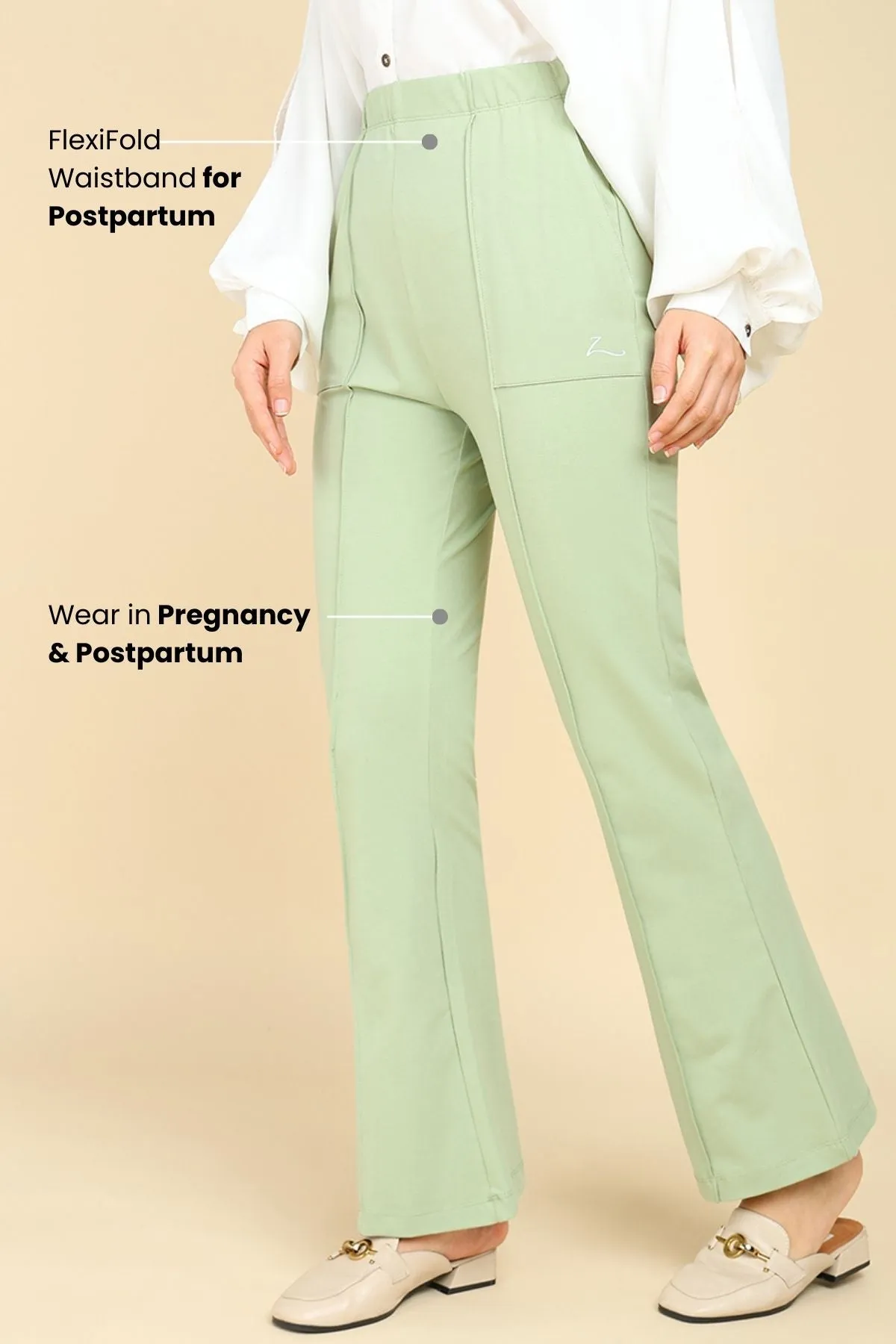 Pleated Cotton Pistachio Green Maternity Pants (Pregnancy & Postpartum)