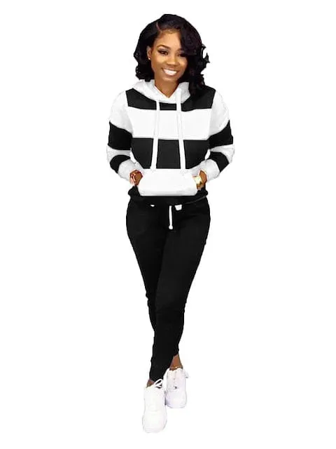 Striped 2-Piece Women's Tracksuit Set with Sweatshirt and Jogger Pants - Black Sportswear